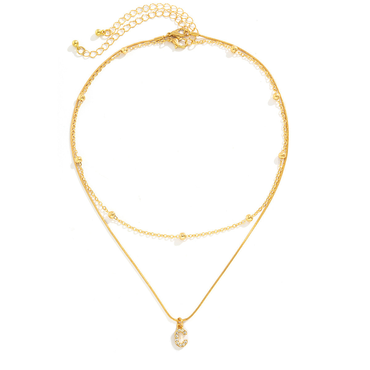Minimalist Rhinestone Inlaid Letter Alloy Pendant Double Layer Snake Chain Necklace for Women