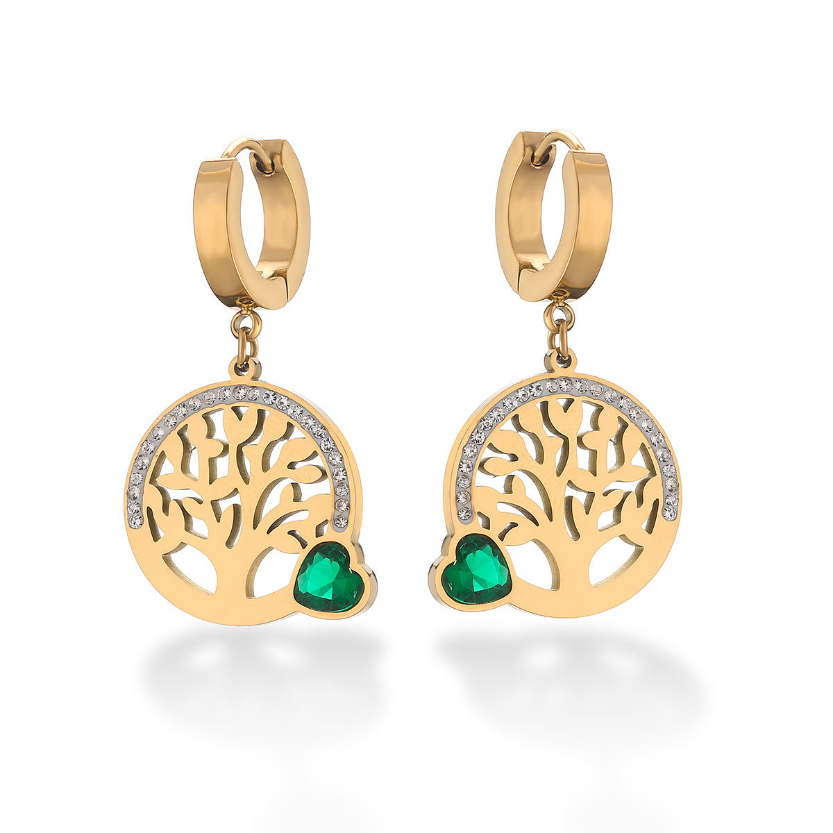 Orecchini minimalisti geometrici in acciaio al titanio placcati oro 18 carati con albero della vita in zircone per donna