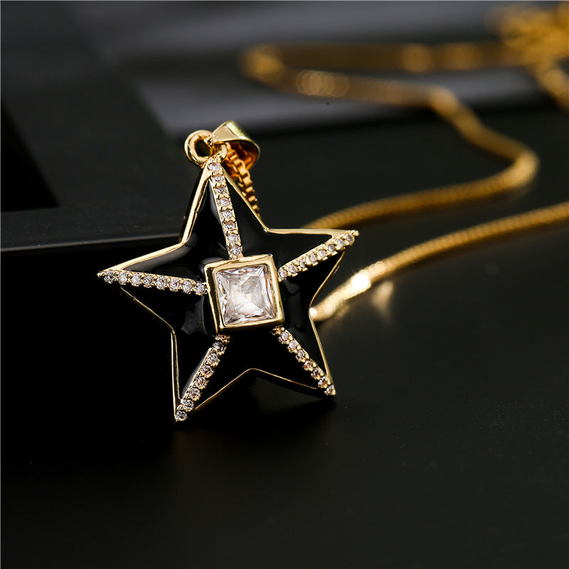18K Gold Plated Brass Star Drip Oil Cubic Zirconia Pendant Necklace Box Chain for Women
