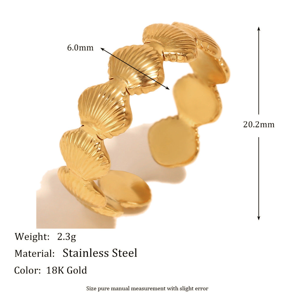 Minimalist Geometric Stainless Steel Ring with 18K Gold Plating and Shell Motif for Women