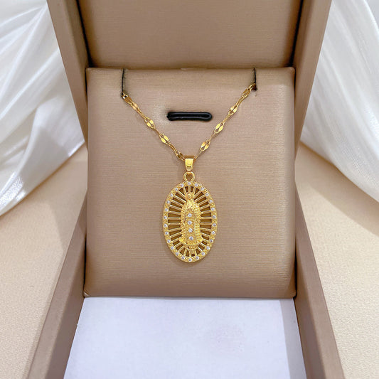 Collar de lujo con retrato hueco en forma de huevo con diamantes de imitación para mujeres y hombres, cadena con colgante de acero de titanio, diseño de luna