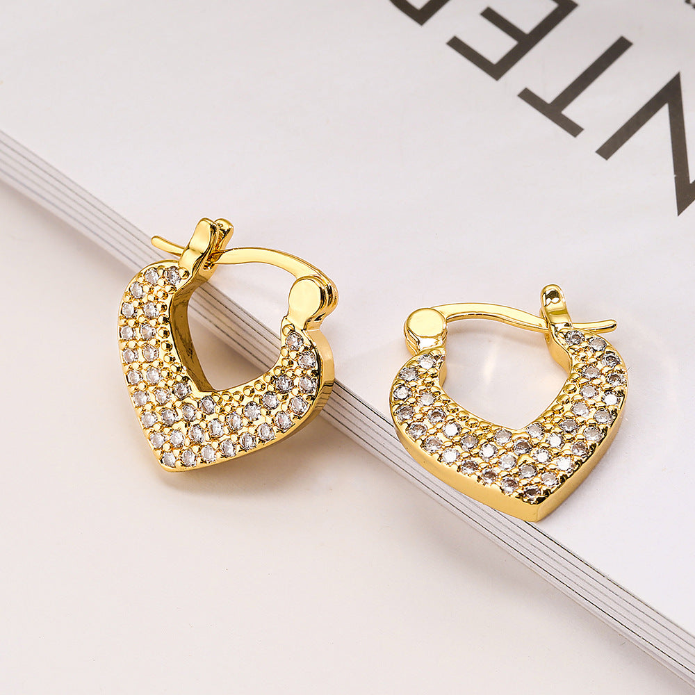 Fashionable Heart-Shaped Copper Earrings with Real Gold Plating and Zircon Inlay for Women