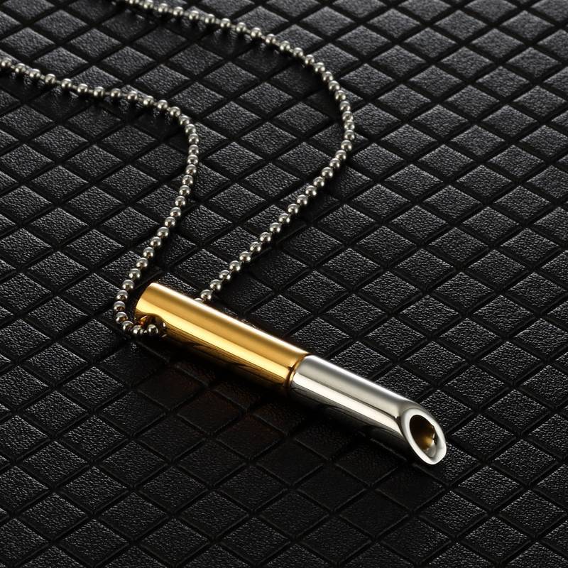Mindfulness Meditation Whistle Pendant Necklace in Stainless Steel with Geometric Shape Polished Finish for Stress Relief and Yoga Practice