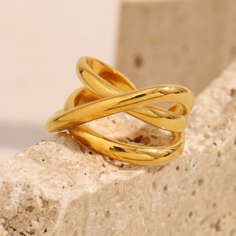 Fashion Geometric Stainless Steel Ring with 18K Gold Plating Featuring Crossed Lines Fishbone Floral Crab and Turtle Motifs