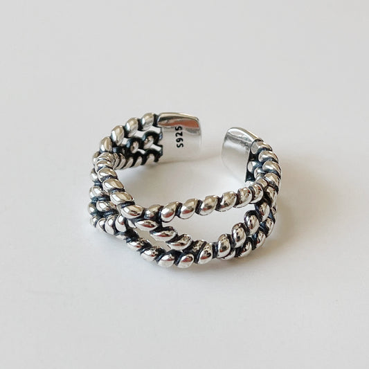 Anillo vintage minimalista de plata esterlina 925 trenzado con cuerda geométrica