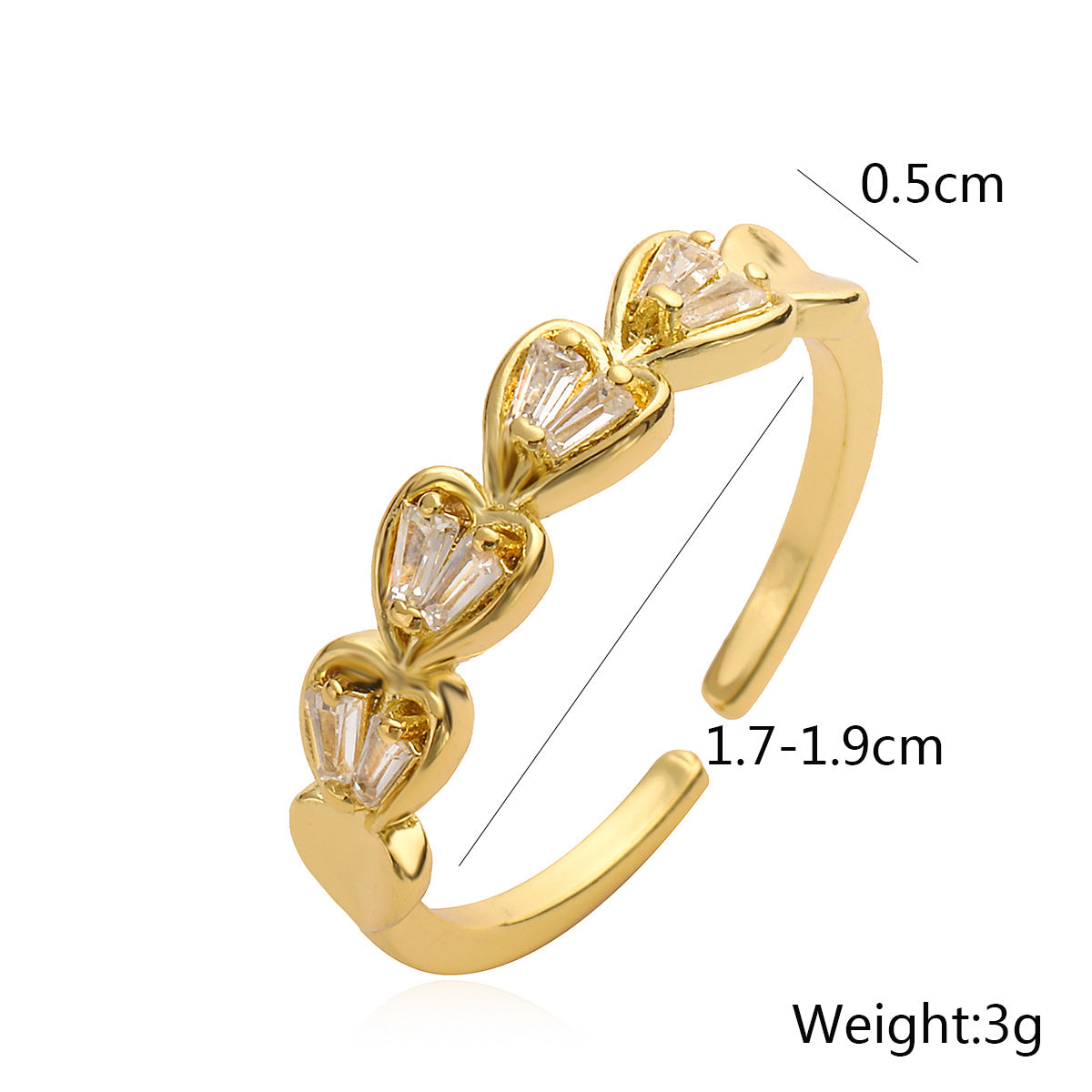 Anello da donna minimalista geometrico a forma di cuore in rame placcato oro 18 carati con zirconi micro-incastonati