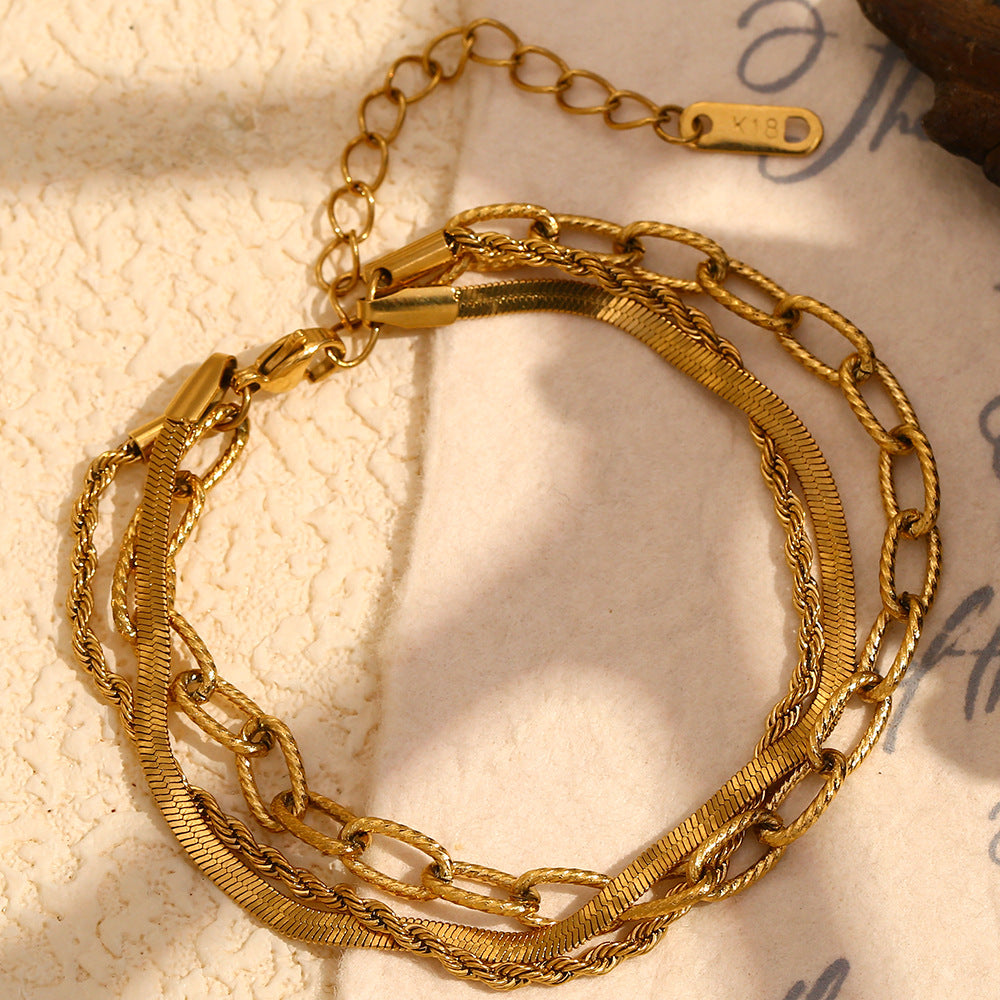 Fashionable Geometric Braided Paperclip Stainless Steel Plated 18K Gold Triple-Link Bracelet for Women