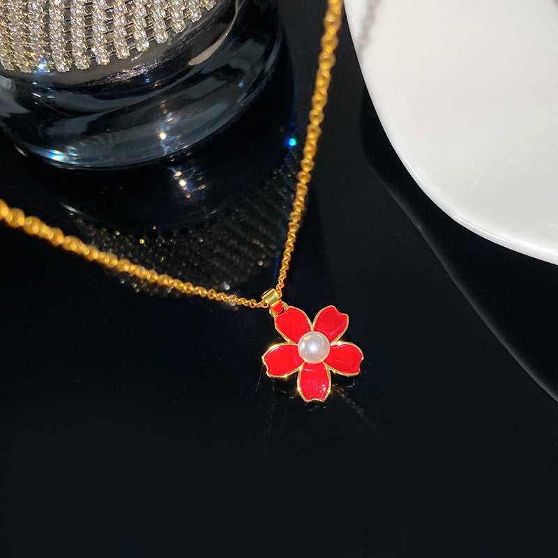 Sweet Elegant Camellia Flower Brass Plated Necklace and Earring Set with Cable Chain for Women