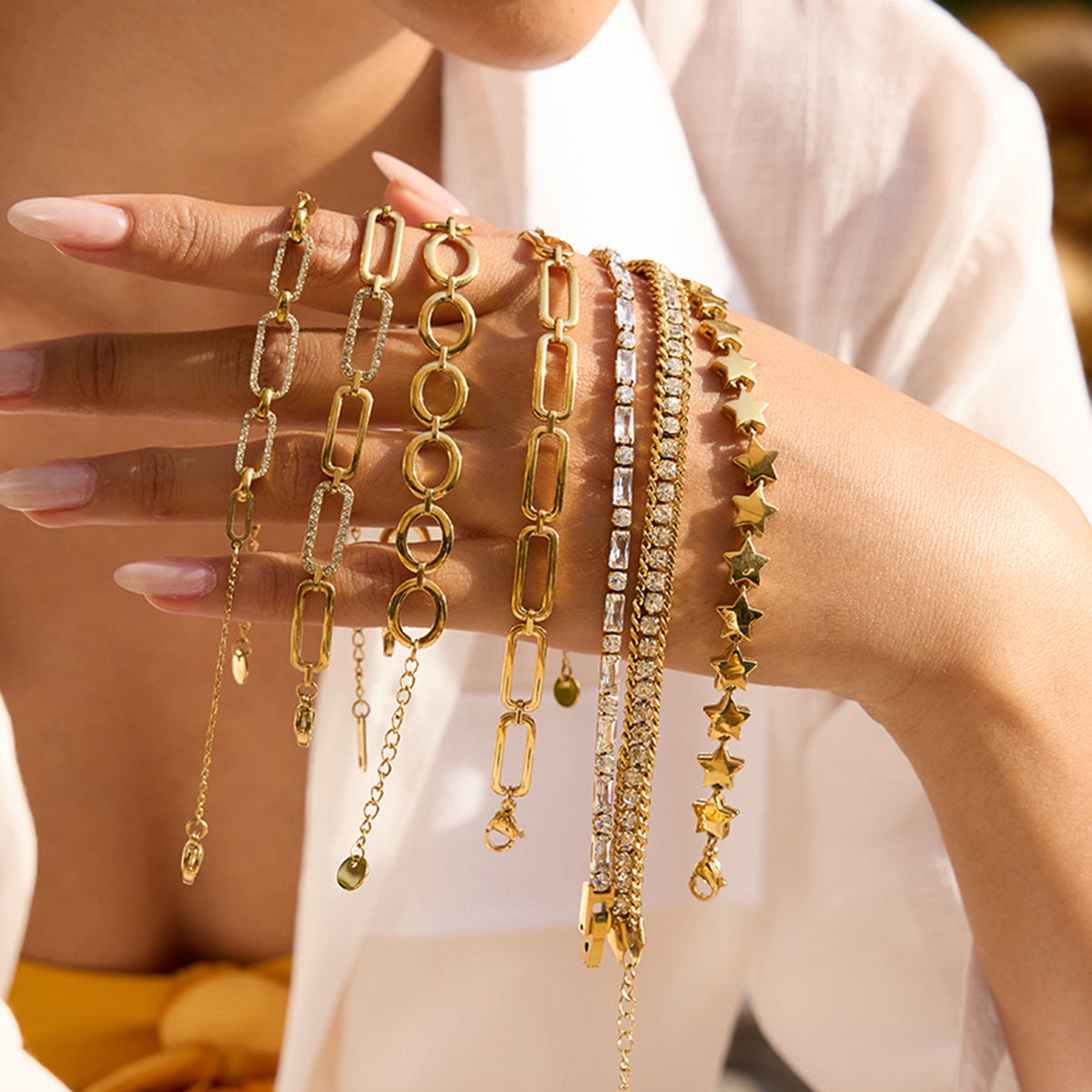 Minimalist Geometric Stainless Steel Bracelet with Star Accent for Women, Electroplated Luxury Stackable Jewelry