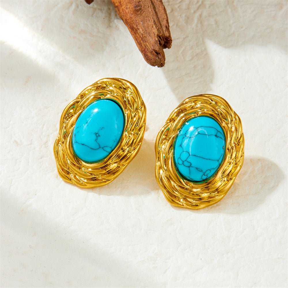 Vintage Gold Plated Stainless Steel Oval Geometric Turquoise Inlay Earrings