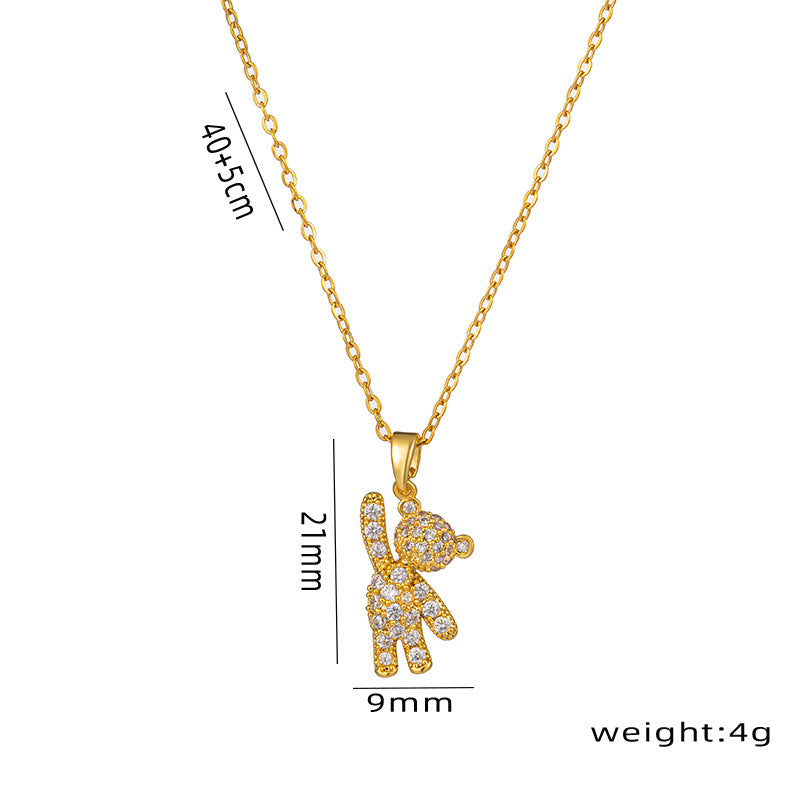 Collar con colgante de oso de dibujos animados para mujer en acero de titanio con incrustaciones de diamantes de imitación en cadena tipo O, estilo medallón geométrico minimalista