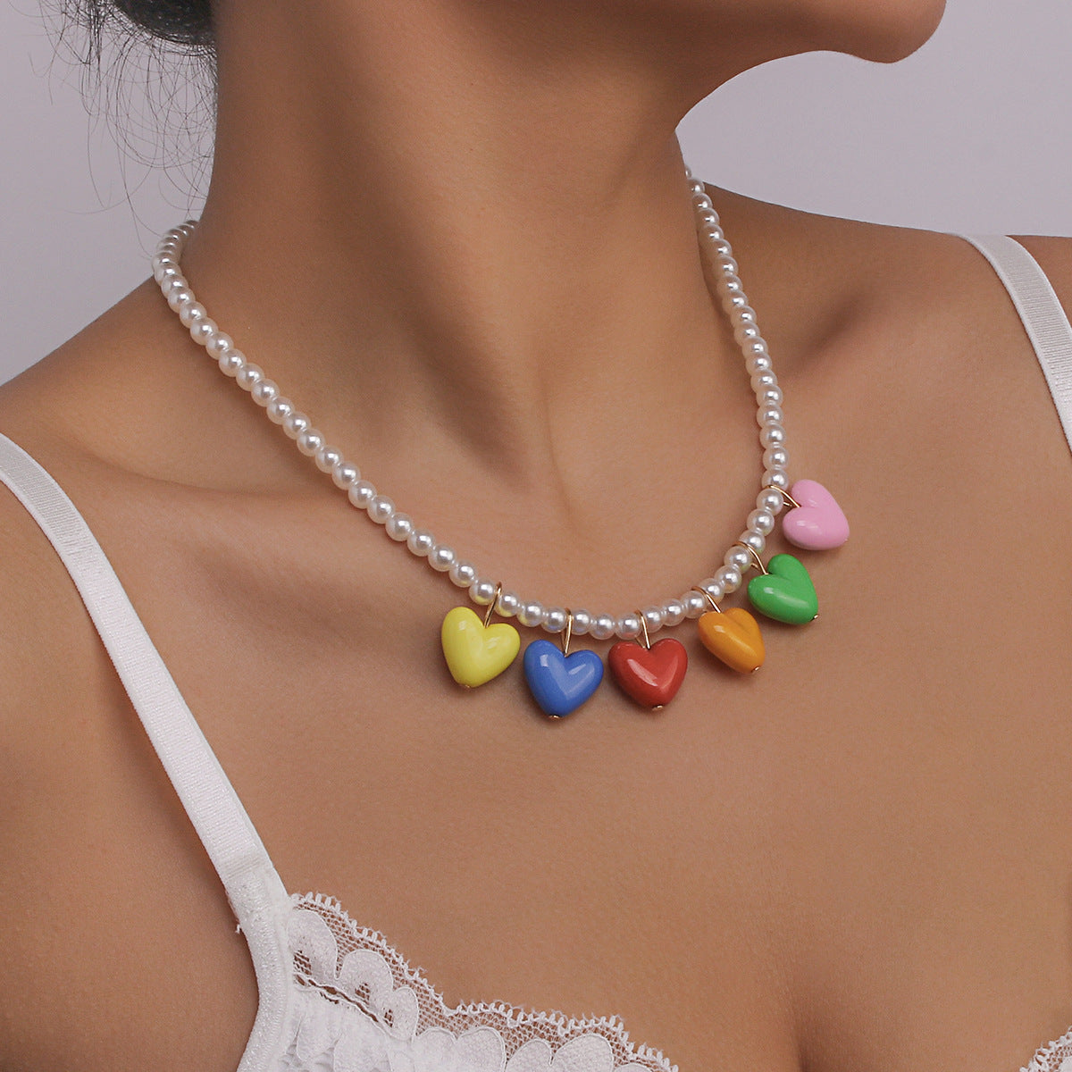 Cute Heart-Shaped Alloy Necklace with Imitation Pearl and Resin Pendant on Beaded Chain