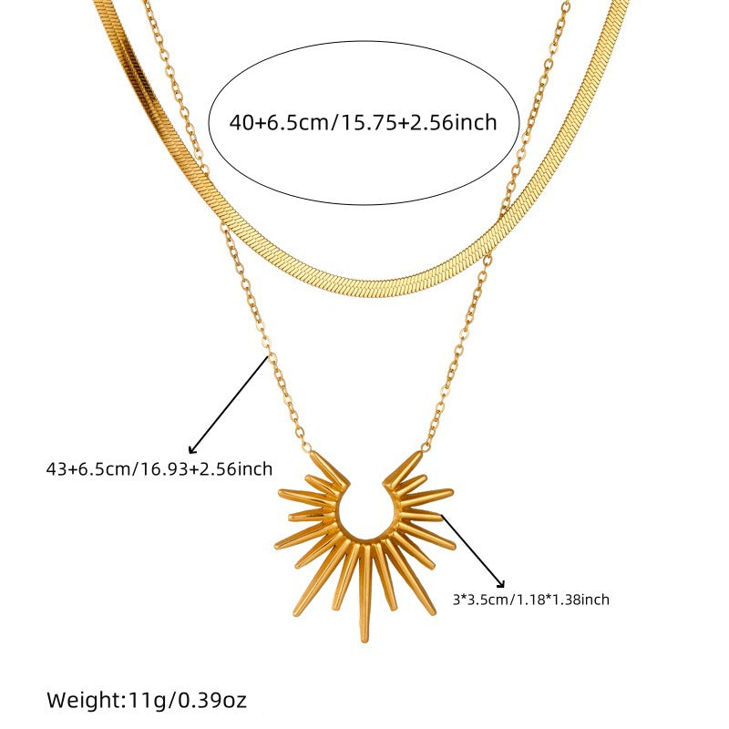 Vintage Stainless Steel Sunflower Pendant Necklace with Geometric Design for Women Double Layer Clavicle Chain