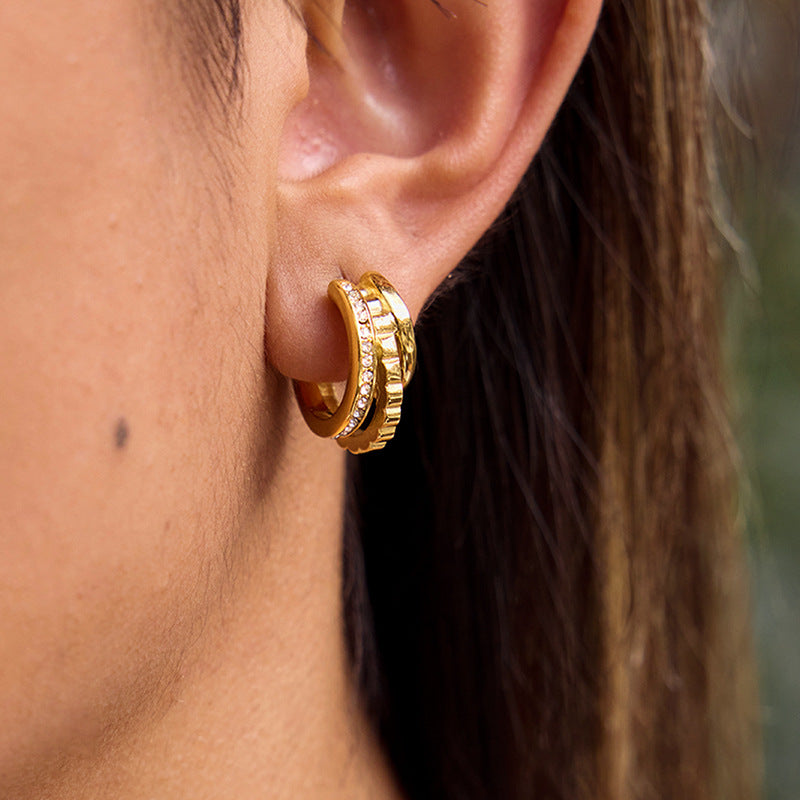 Aretes de tuerca geométricos de acero inoxidable con diamantes de imitación para mujer, con acabado chapado, joyería de oreja minimalista de lujo