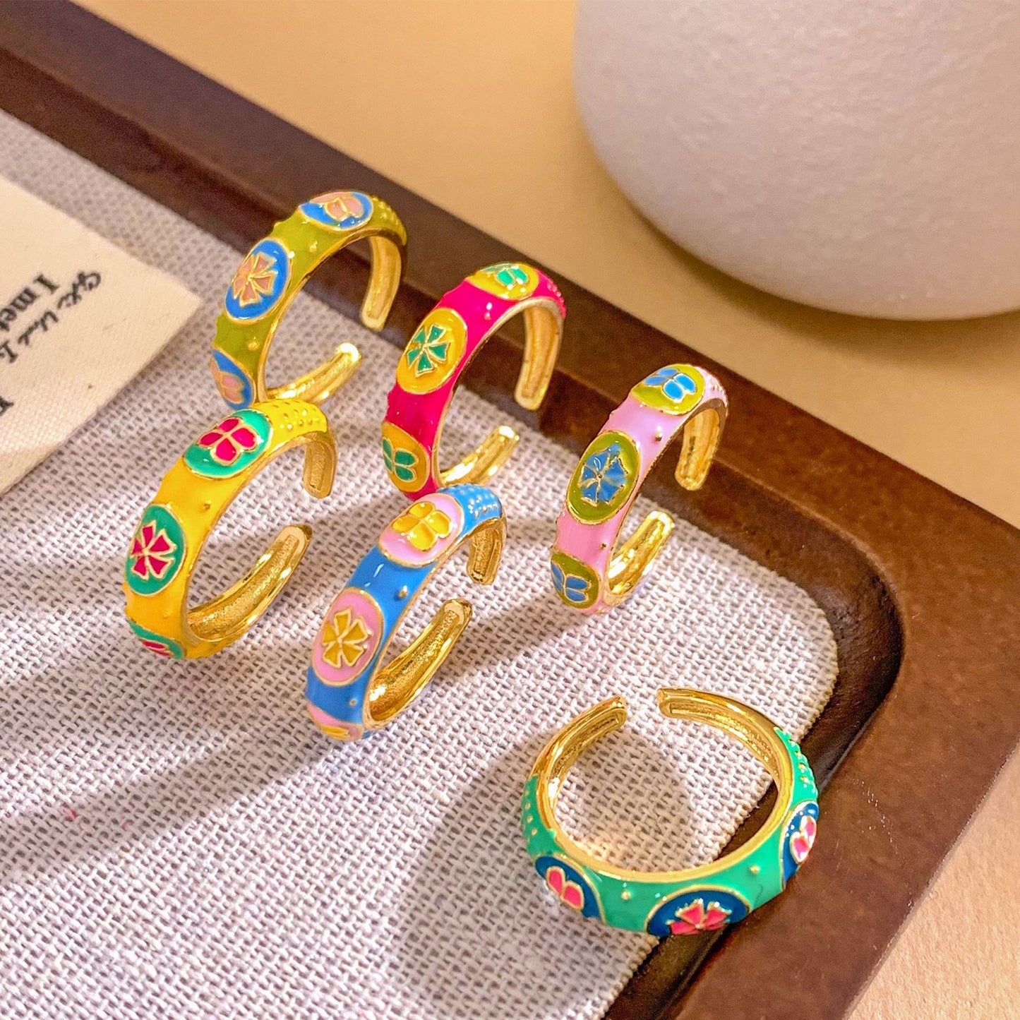 Sweet Minimalist Floral Enamel Gold Plated Brass Adjustable Ring for Women