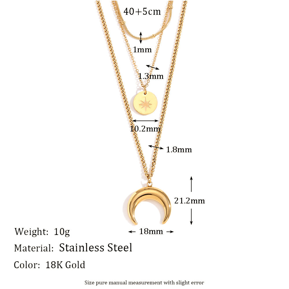 Vintage-Style Geometric Moon and Eight-Pointed Star Pendant Necklace Set in Stainless Steel with 18K Gold Plating for Women
