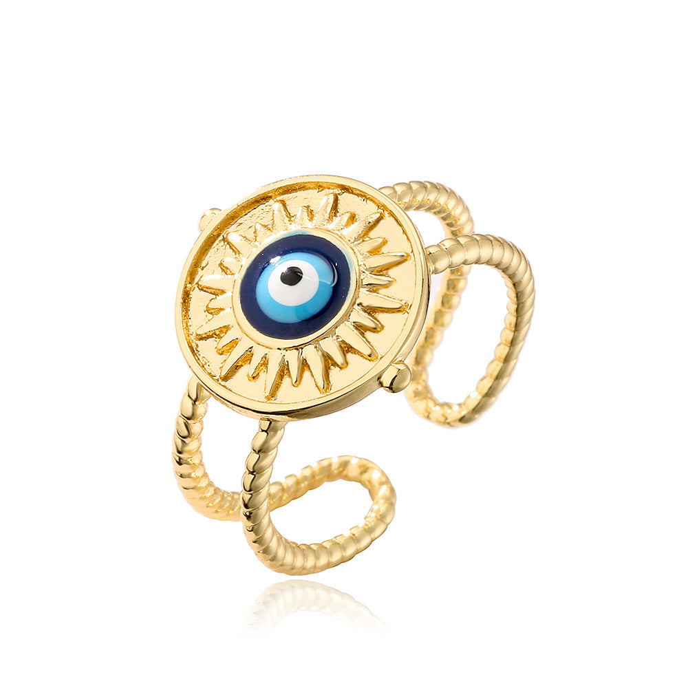 Geometric Open Ring for Women with Copper Base Plated in Real Gold and Enamel Evil Eye Design