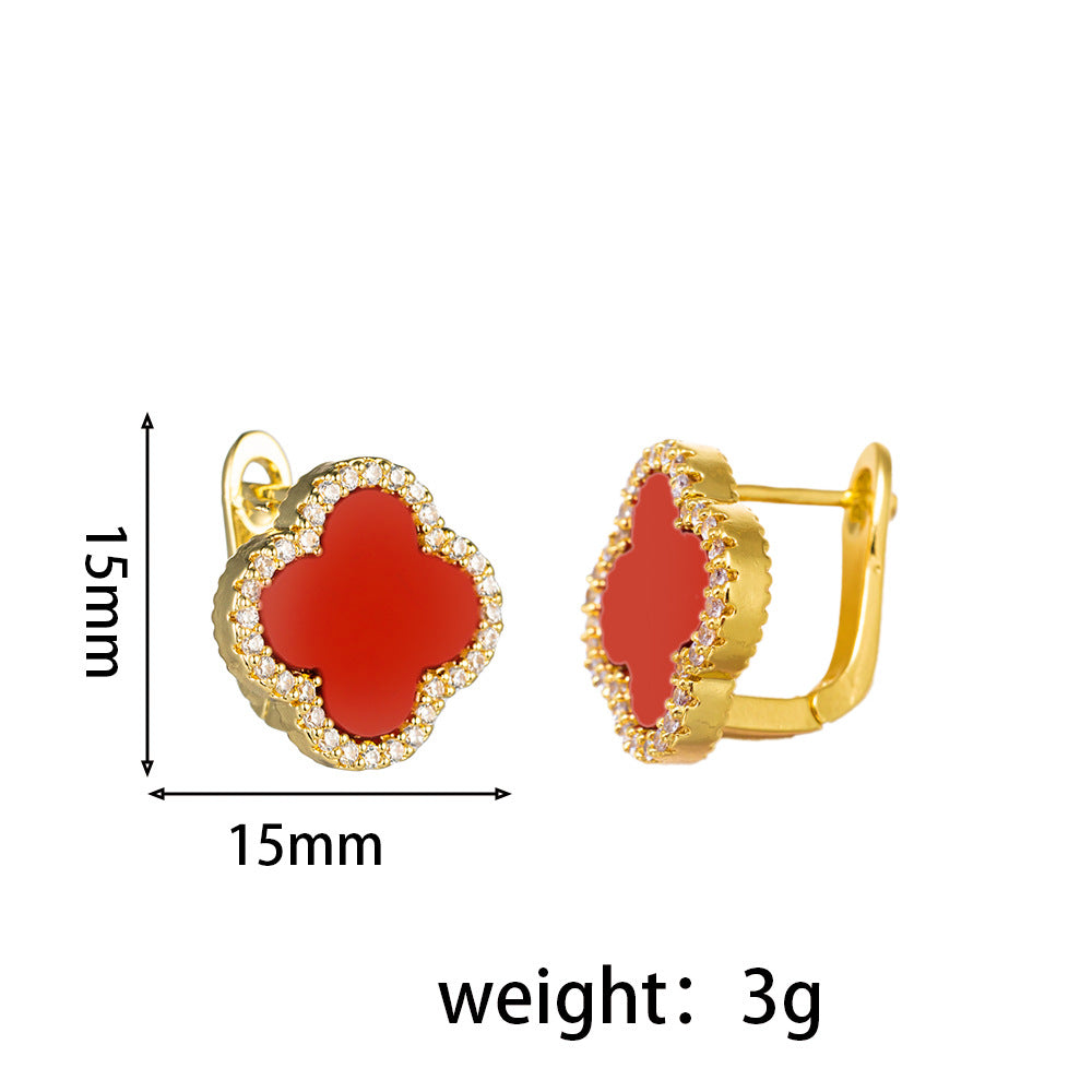 Luxury Clover-Shaped Ear Studs with Gold-Plated Copper Base and Rhinestone Inlay for Women