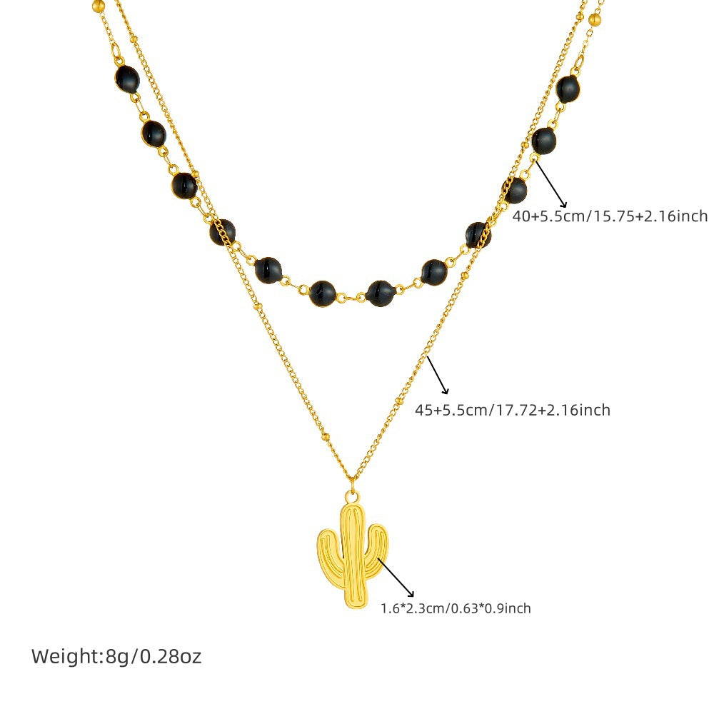 Fashion Black Drip Oil Heart Moon Round Stainless Steel Plated Double Layer Necklace for Women