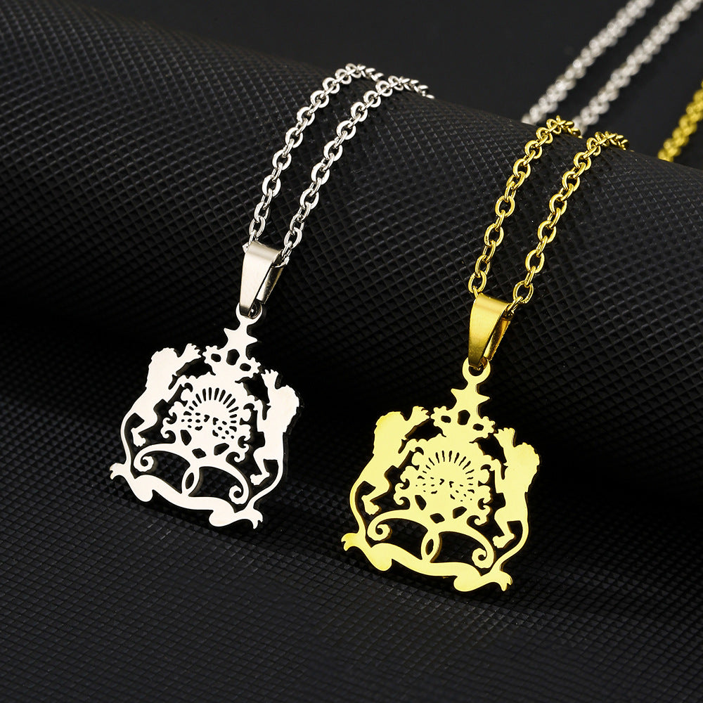 Minimalist Lion-Shaped Stainless Steel Pendant Necklace with Vacuum Plated Finish for Women and Men, Flat Cross Chain Jewelry for Sweaters