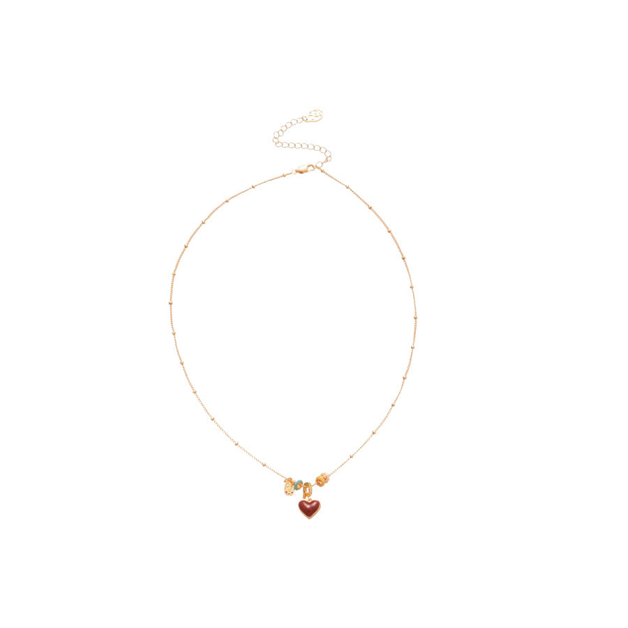 Collar para mujer de cobre chapado en oro de 18K con esmalte de corazón y nácar, estilo vintage