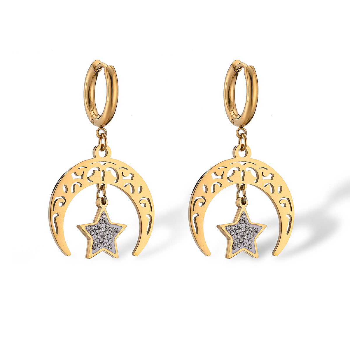 Minimalist Geometric Titanium Steel Earrings with Gold Plating and Zircon Sun Moon Motifs for Women