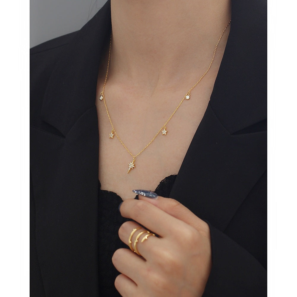 Collar con colgante minimalista de plata de ley S925 en forma de estrella con incrustaciones de diamantes de imitación para mujer