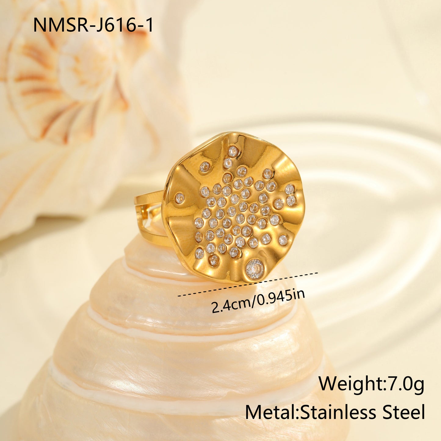 Anillo de titanio geométrico minimalista con incrustaciones de diamantes de imitación y acabado chapado, banda abierta ajustable para mujer