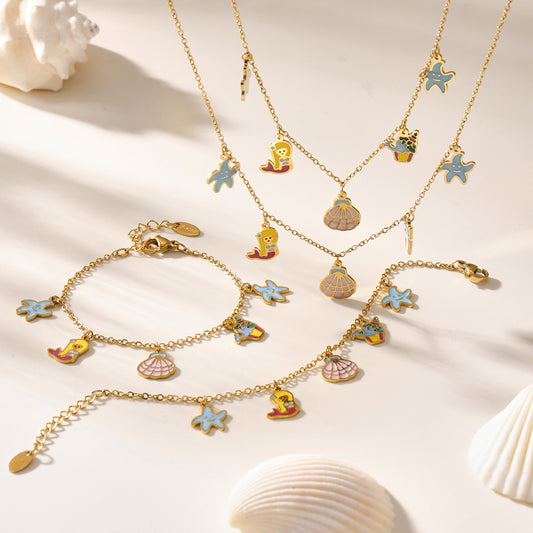 Cute Mermaid-Themed Stainless Steel Necklace Bracelet Set with Titanium Steel Pendant and Plated Finish for Kids
