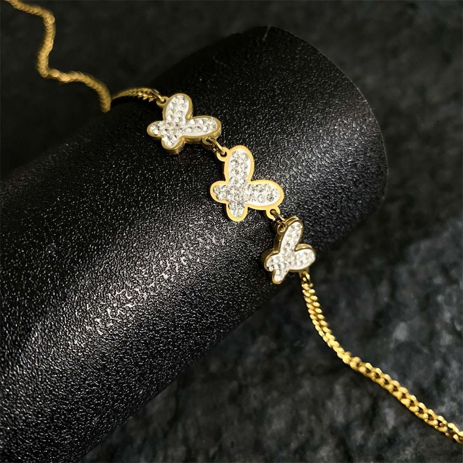 Luxury Black and White Cubic Zirconia Butterfly Titanium Steel Plated Necklace for Women
