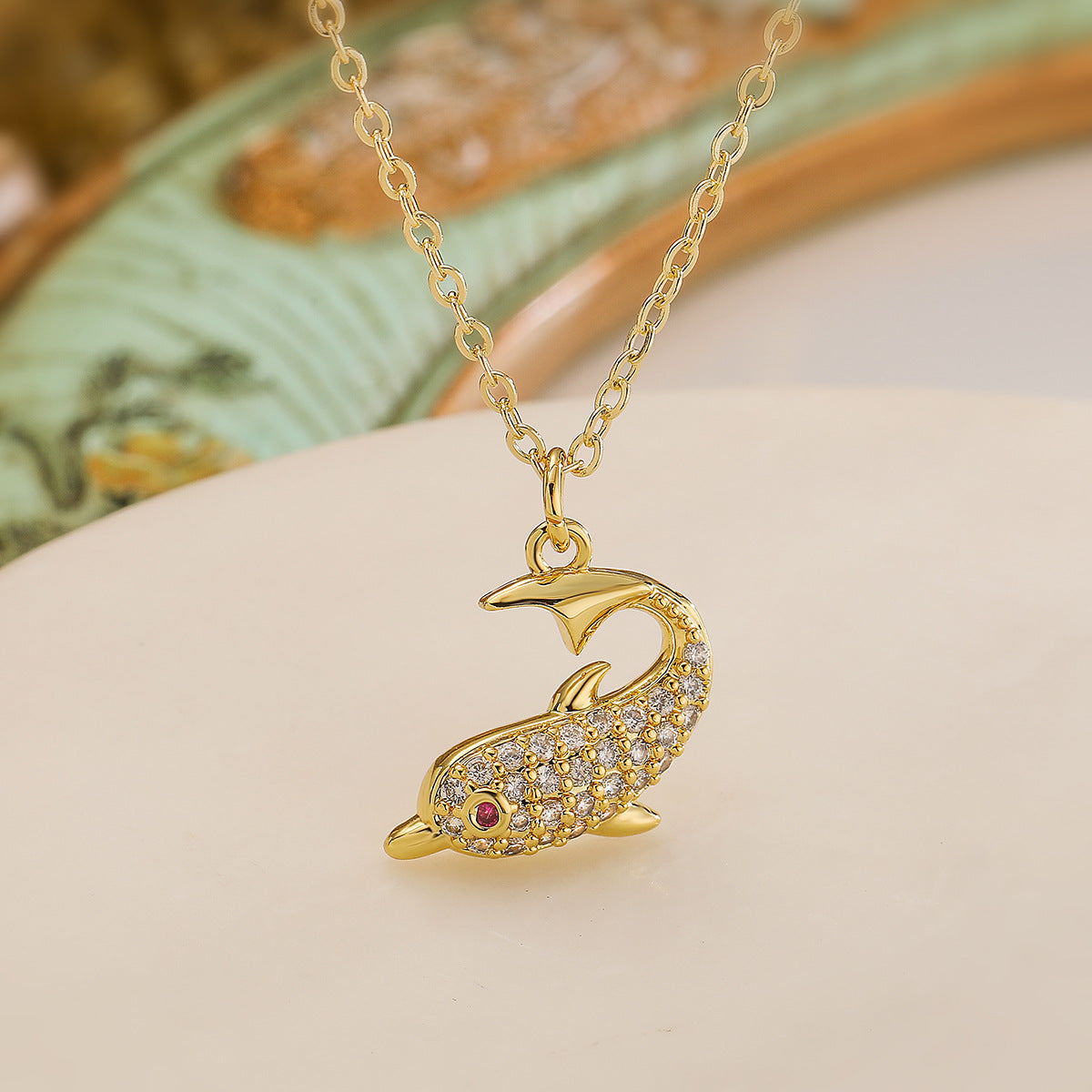Minimalist Dolphin Pendant Necklace for Women with Gold-Plated Copper and Zircon, Delicate Clavicle Chain