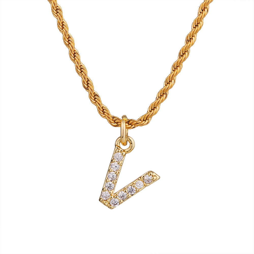 Collar con colgante de letra para mujer, minimalista, de moda, cadena trenzada de acero inoxidable con baño de oro e incrustaciones de circonita