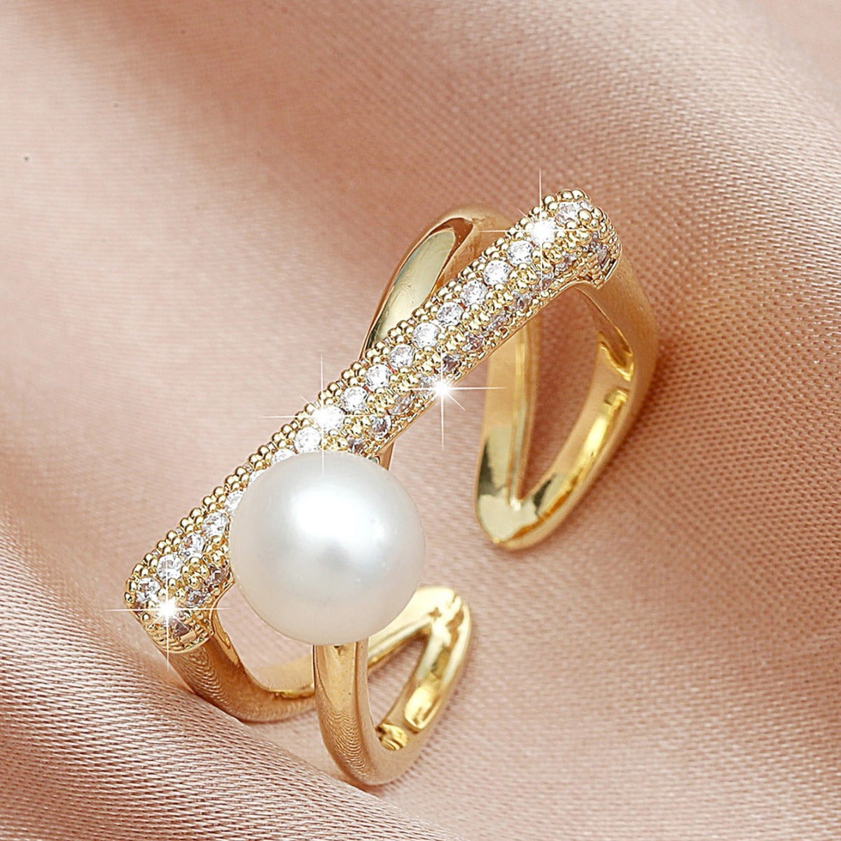 Anillo de cobre con incrustaciones de perlas geométricas, minimalista y a la moda, para mujer con banda abierta ajustable