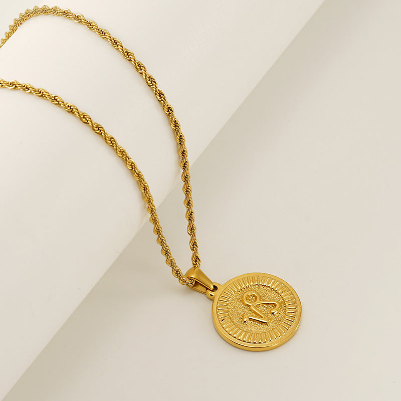 Vintage 18K Gold Plated Round Zodiac Pendant Titanium Steel Rope Chain Necklace Unisex