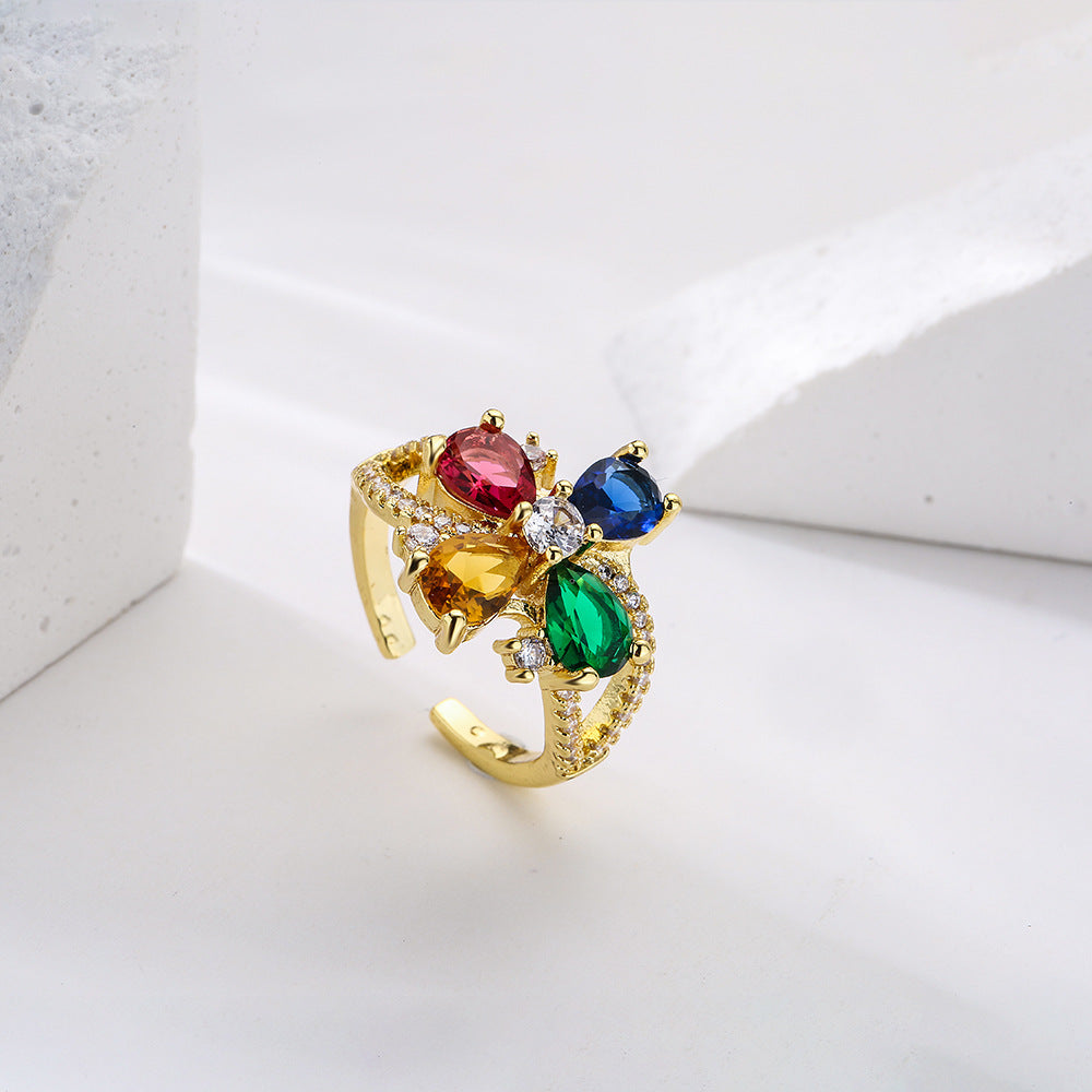 Anello Aperto Geometrico Minimalista da Donna in Ottone con Zirconia Micro-Incastonata