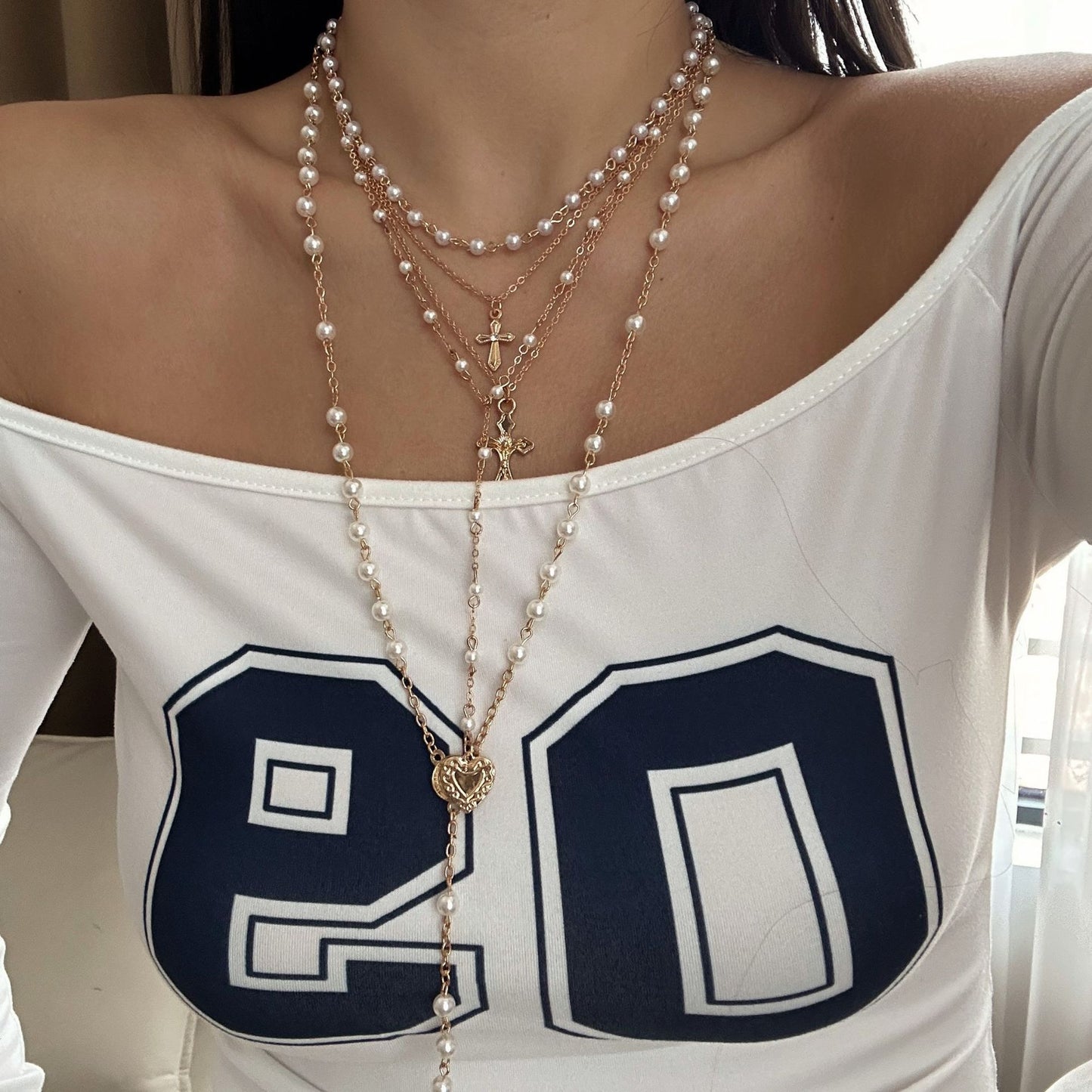 Elegant Casual Alloy Cross Heart Pendant Multi-layer Y-Necklace with Beads for Women