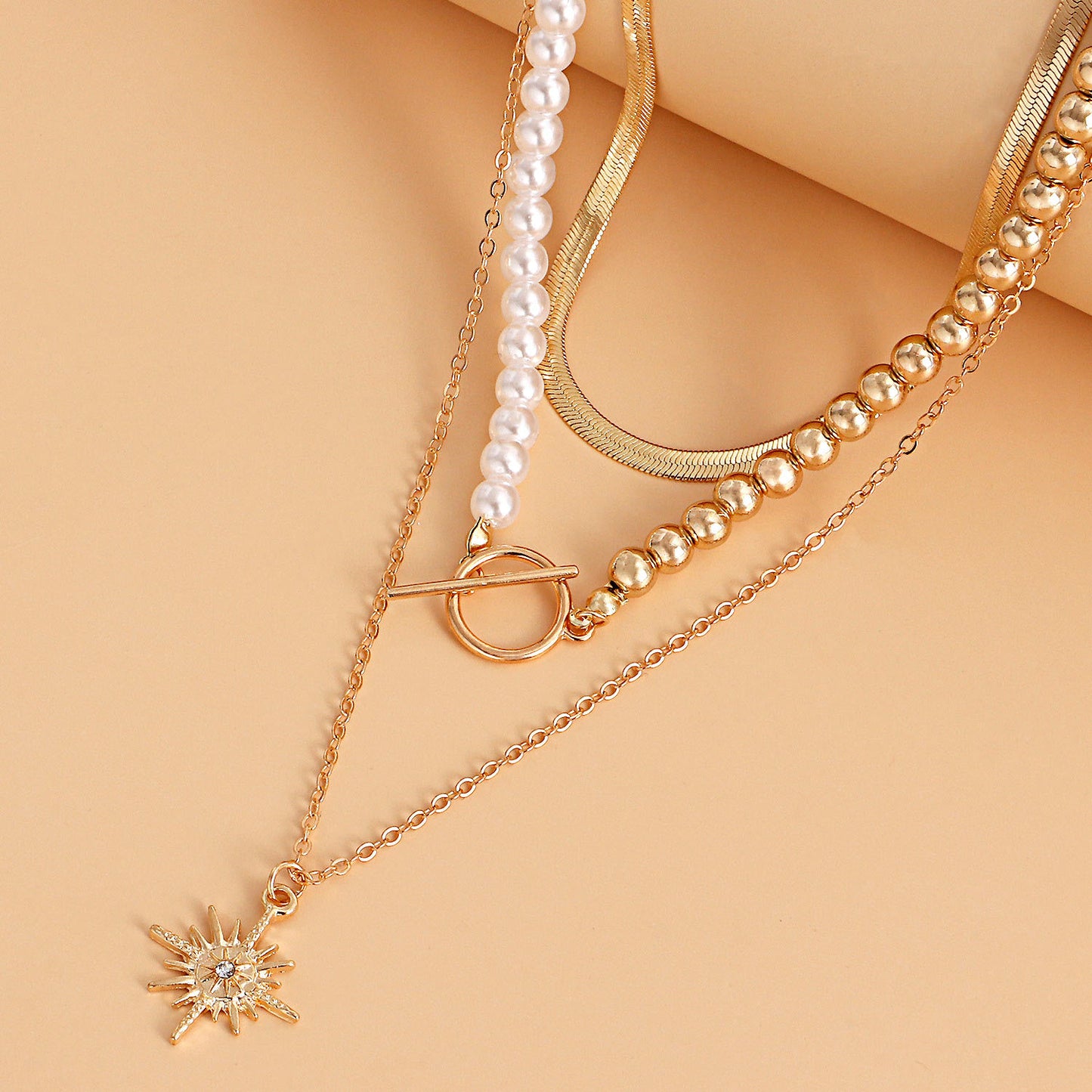 Vintage Geometric Hexagram Alloy Necklace with Plated Finish for Women, Flat Snake Chain Style with Pearl-Like Beads