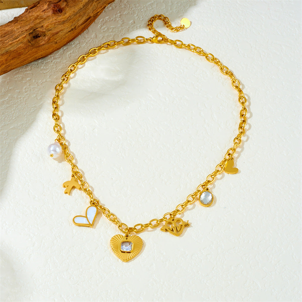 Elegant Heart Rhinestone Inlay Plated Stainless Steel Necklace with Cable Chain for Women