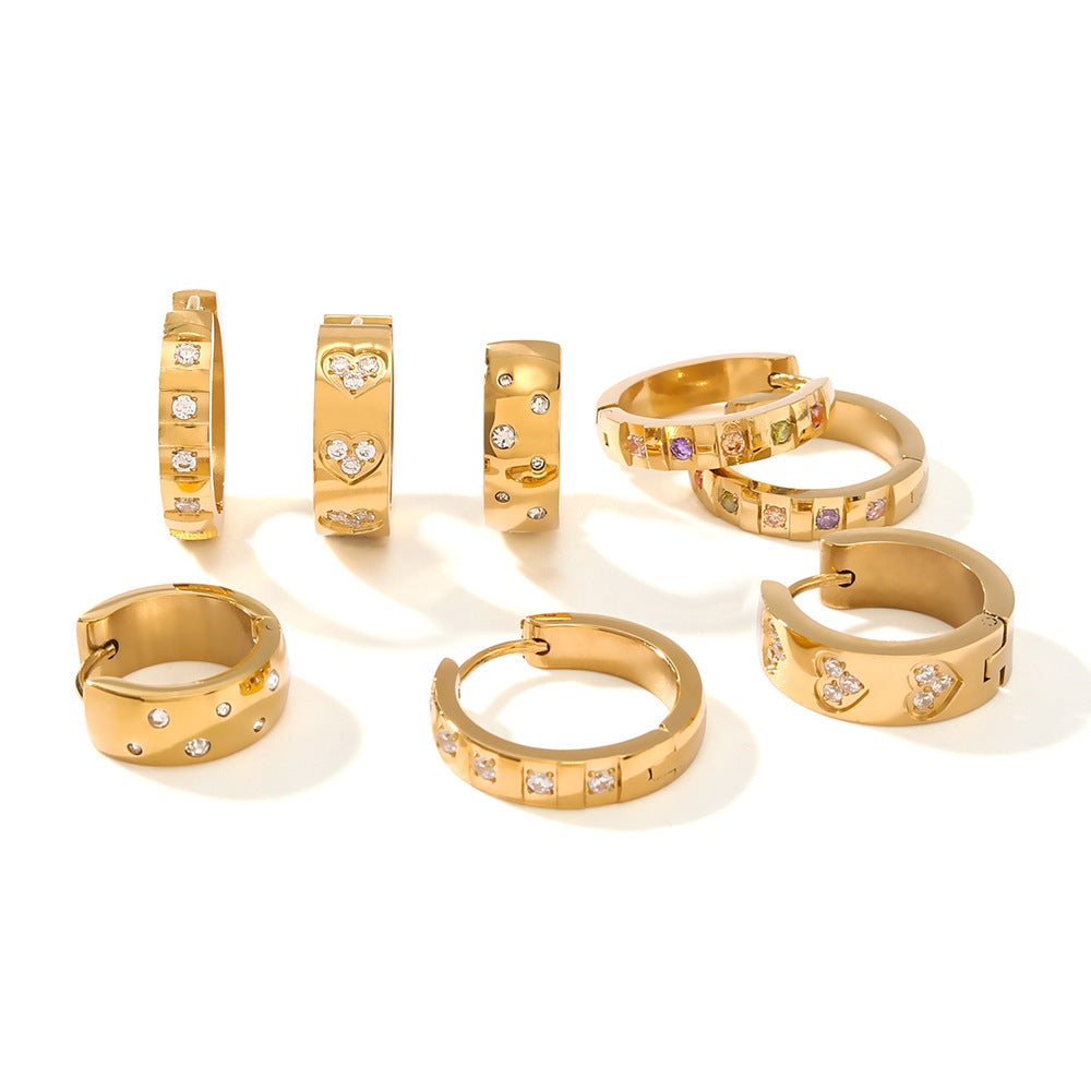 Minimalist Ins Style Stainless Steel Hoop Earrings with 18K Titanium Plating and Round Zirconia Heart-Shaped Ear Cuffs