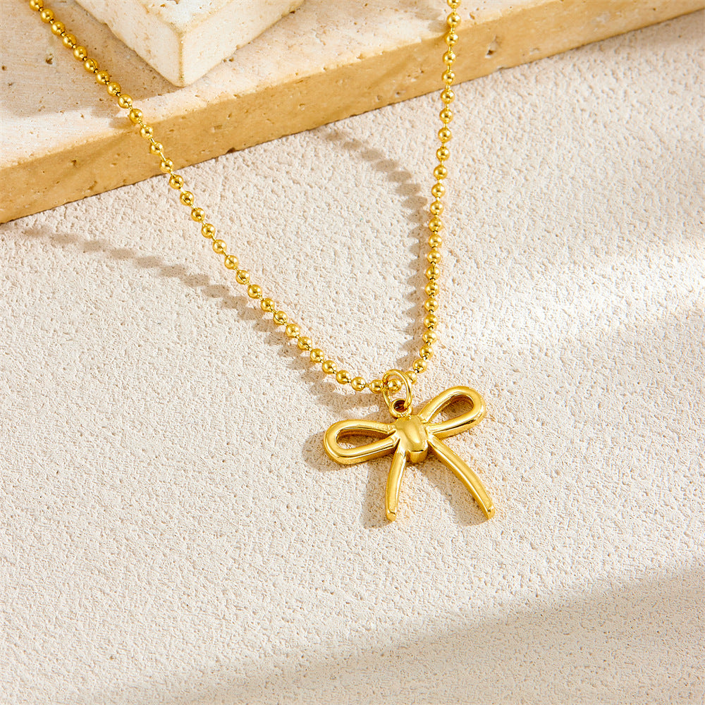Minimalist Bow-Shaped Gold-Plated Stainless Steel Clavicle Necklace with Beaded Chain
