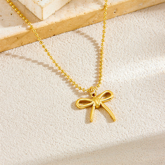 Collar minimalista chapado en oro con forma de lazo y cadena de cuentas, de acero inoxidable, para la clavícula