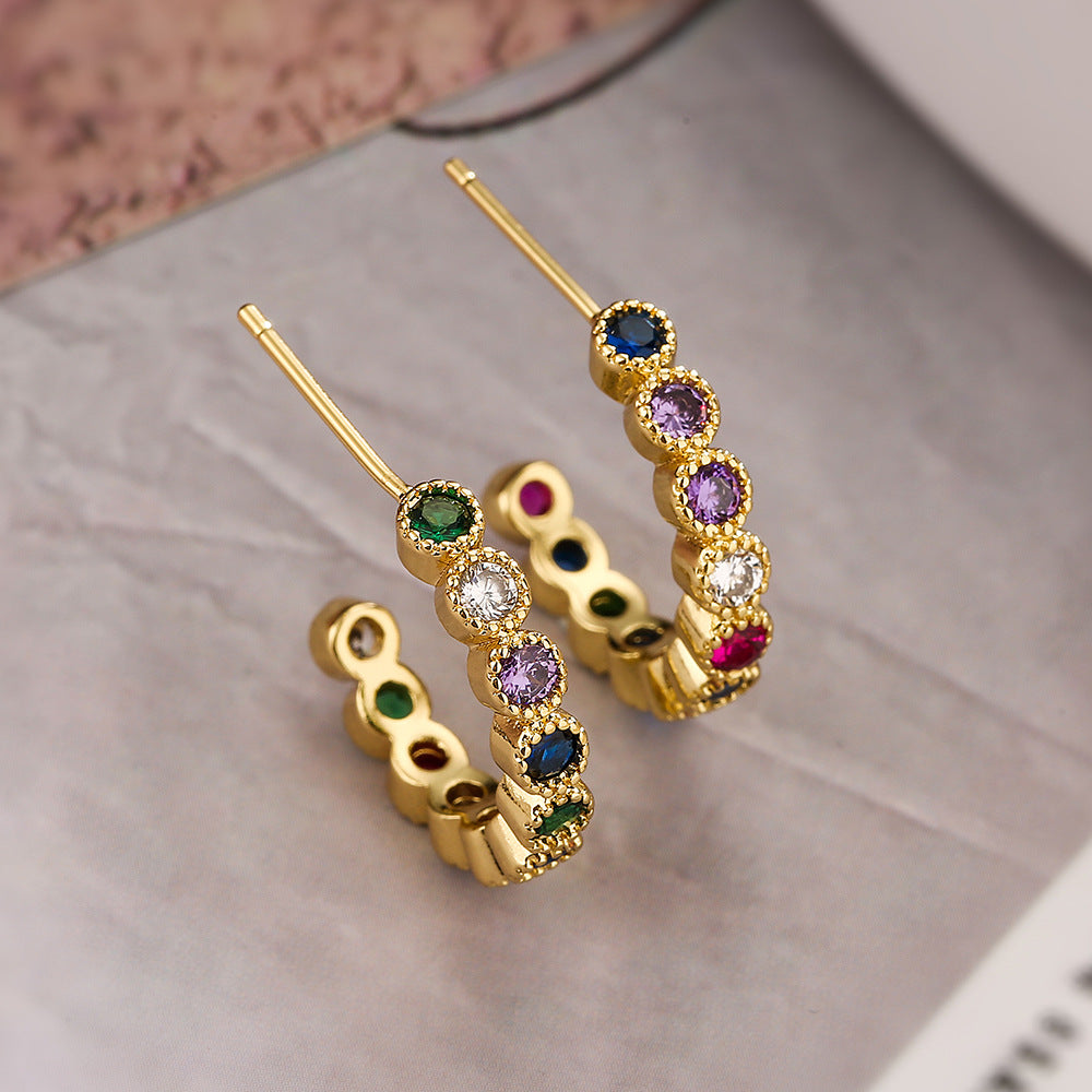 Minimalist Geometric Irregular C-Shaped Earrings for Women in Brass with Gold Plating and Zircon Accents