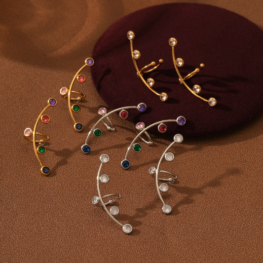 Vintage 18K Gold Plated Geometric Stainless Steel Ear Cuffs with Colorful Zircon for Women