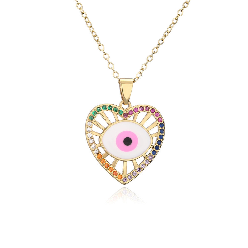 Minimalist Lucky Heart Enamel Evil Eye Pendant Necklace for Women in Brass with 18K Gold Plating and Colored Zircon