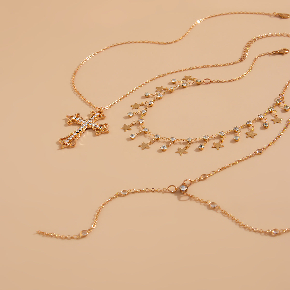 Vintage Baroque Cross and Star Crystal Pendant Brass Plated Layered Necklace for Women