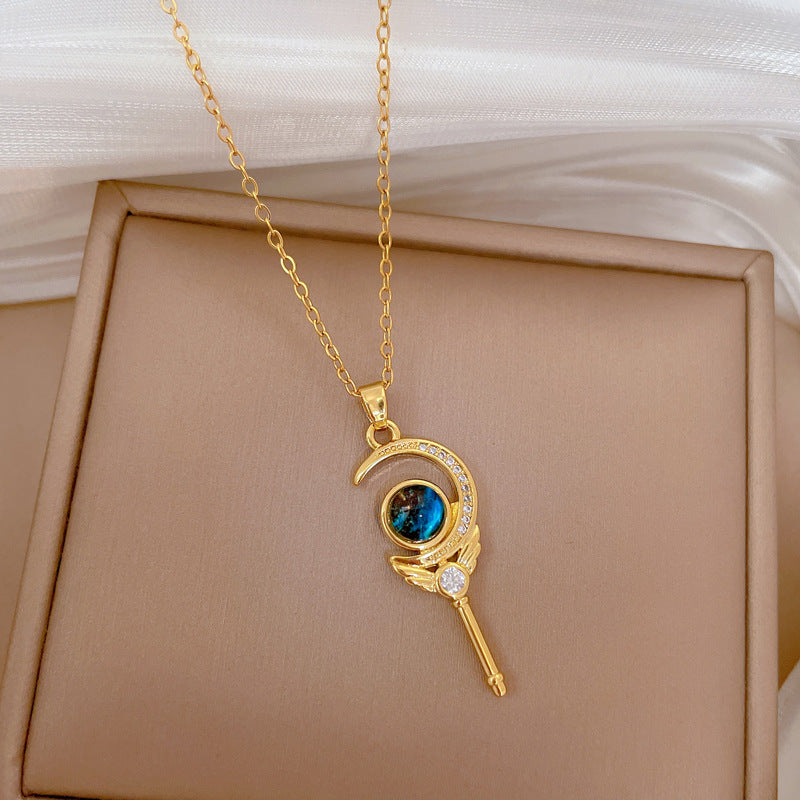 Minimalist Starry Sky Magic Wand Pendant Necklace for Women with Titanium Steel Chain and Rhinestone Inlay
