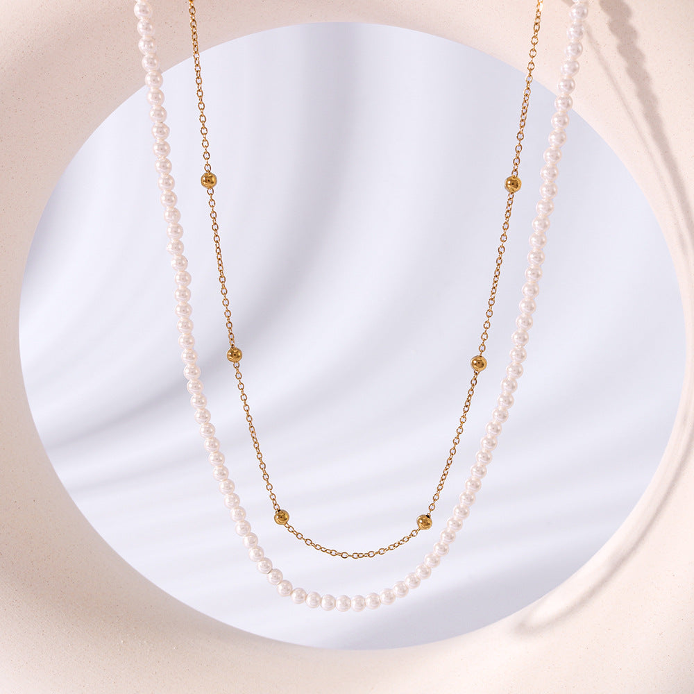 Vintage French-Inspired Geometric Pearl Necklace with Stainless Steel Chain and 18K Vacuum Plated Titanium Steel Pendant for Women