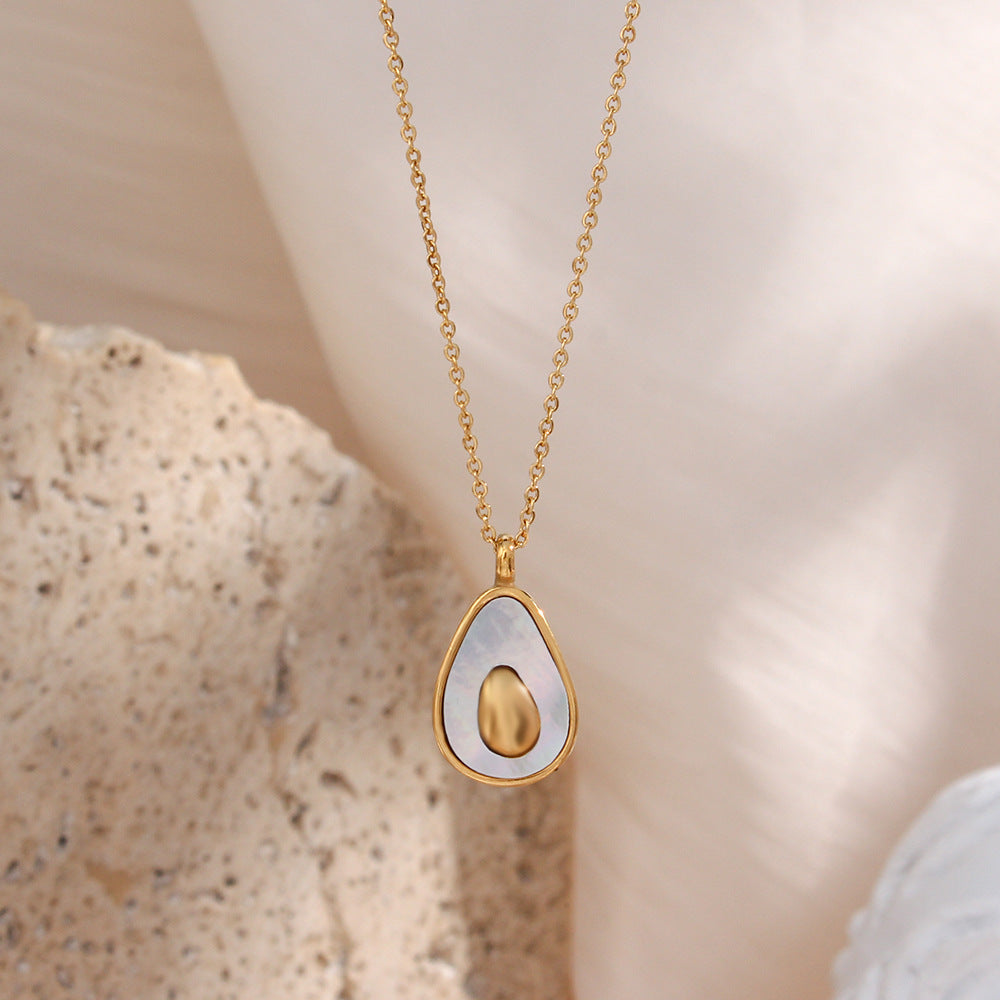 Minimalist Geometric Avocado and Seashell Pendant Necklace in Stainless Steel with Plated Finish for Women