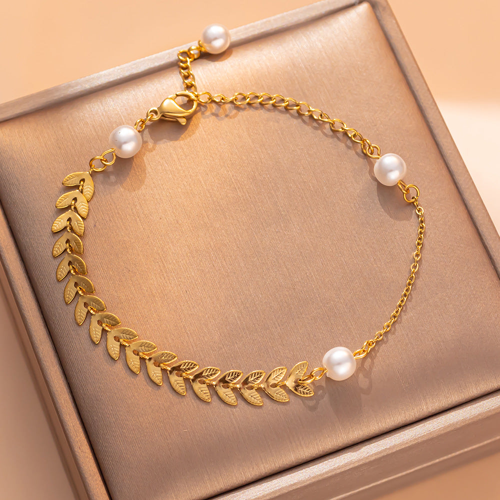 Minimalist Geometric Titanium Steel Bracelet with Pearl Accents for Women, Electroplated Luxury Hand Jewelry