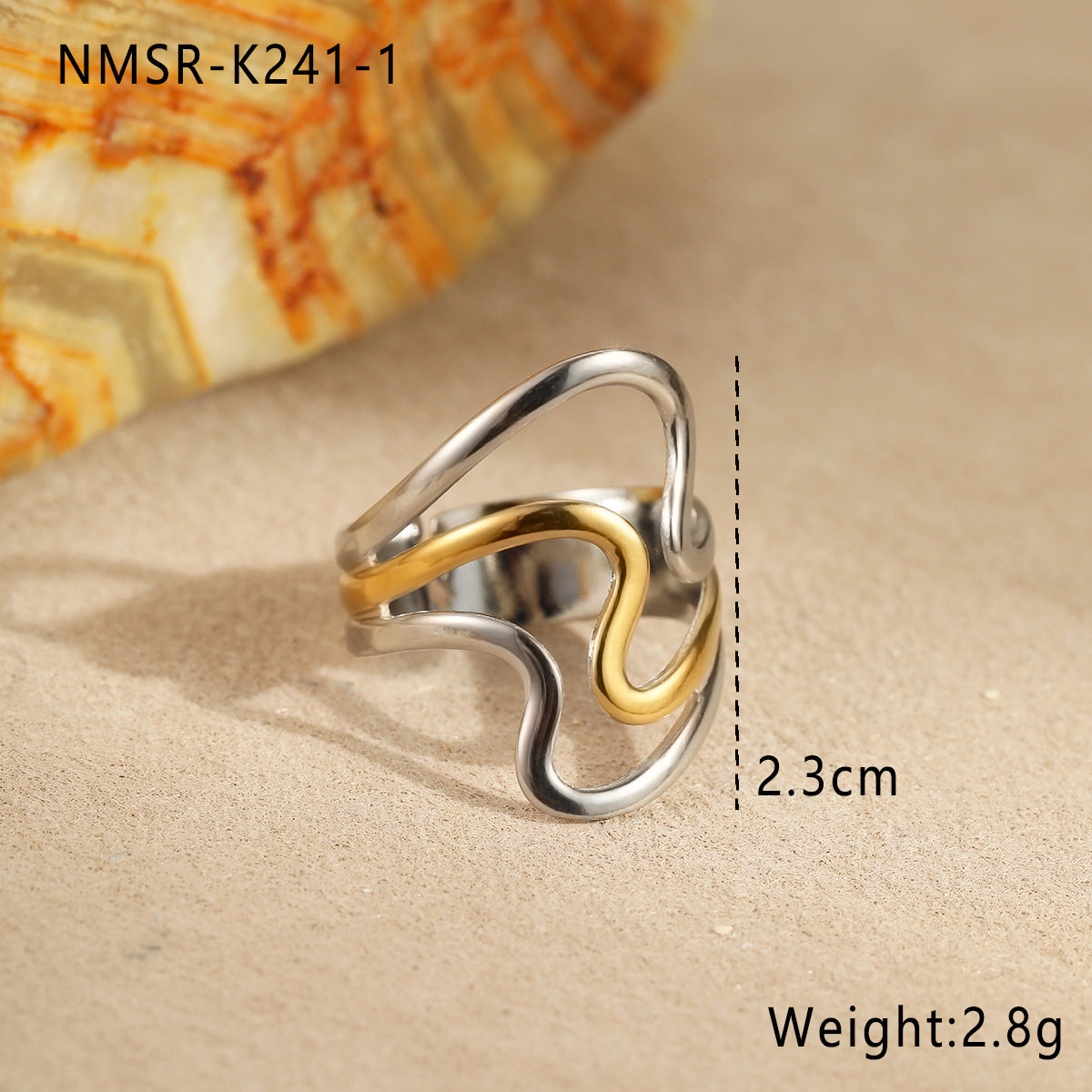 Anillo ajustable de acero inoxidable chapado para mujer con forma de onda minimalista
